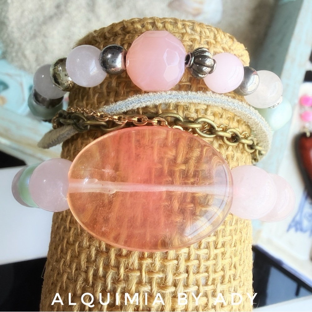 SUMMER + Pale Pink quartz and suede Beaded Multi-Row Bracelet Set